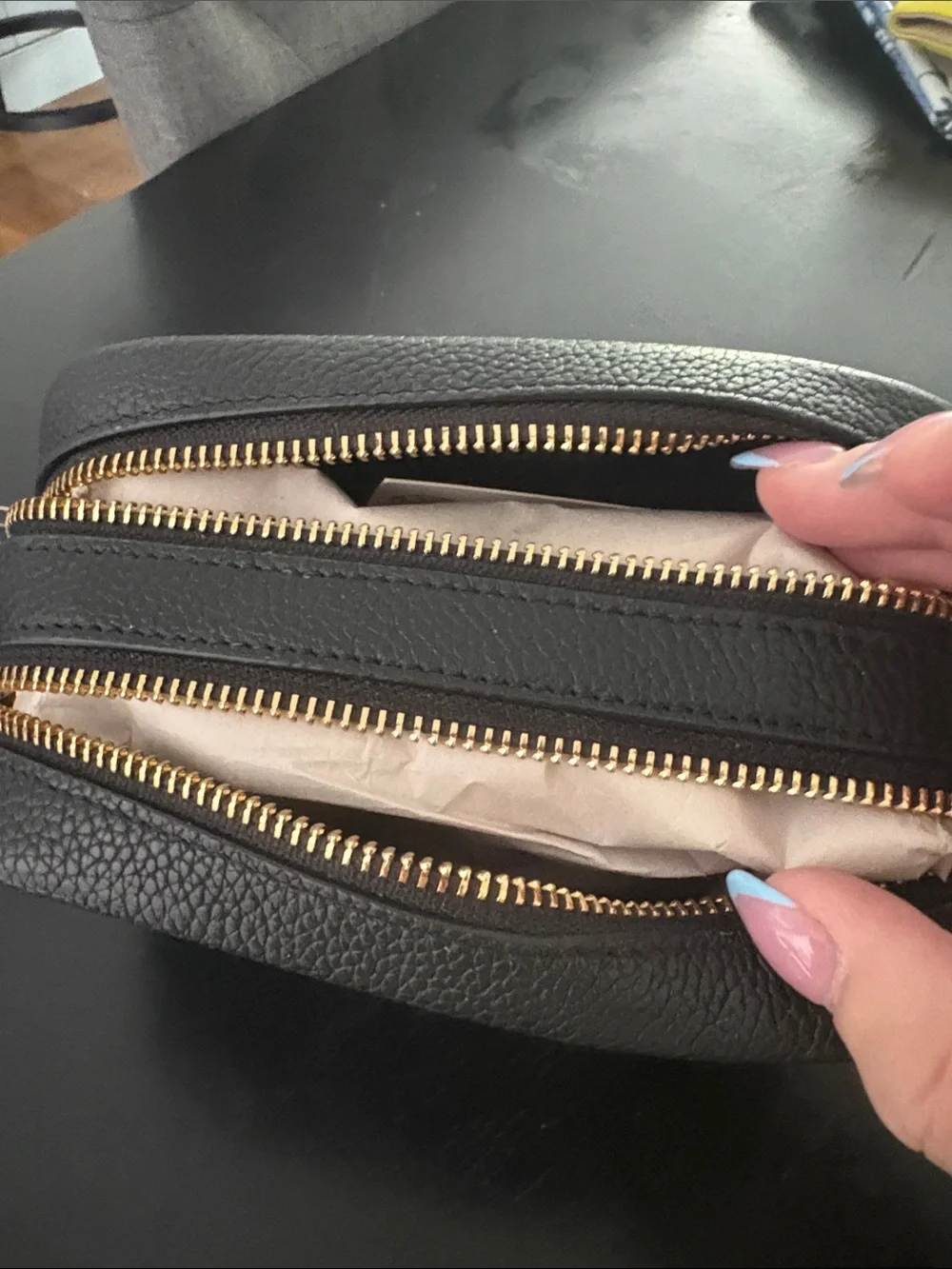 Tory Burch Black Pebbled Leather Toiletry Bag with Embossed Logo